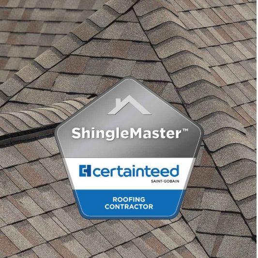 CertainTeed ShingleMaster roofing contractor badge over a close up of architectural asphalt shingles on a Hickory NC roof