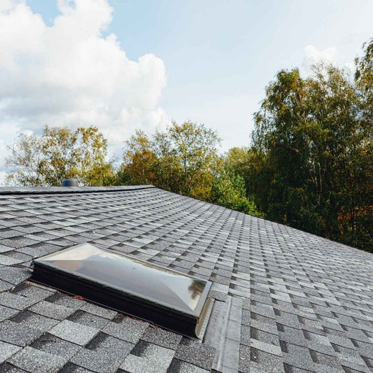 New gray asphalt shingle roof with a skylight, trees and blue sky in the background