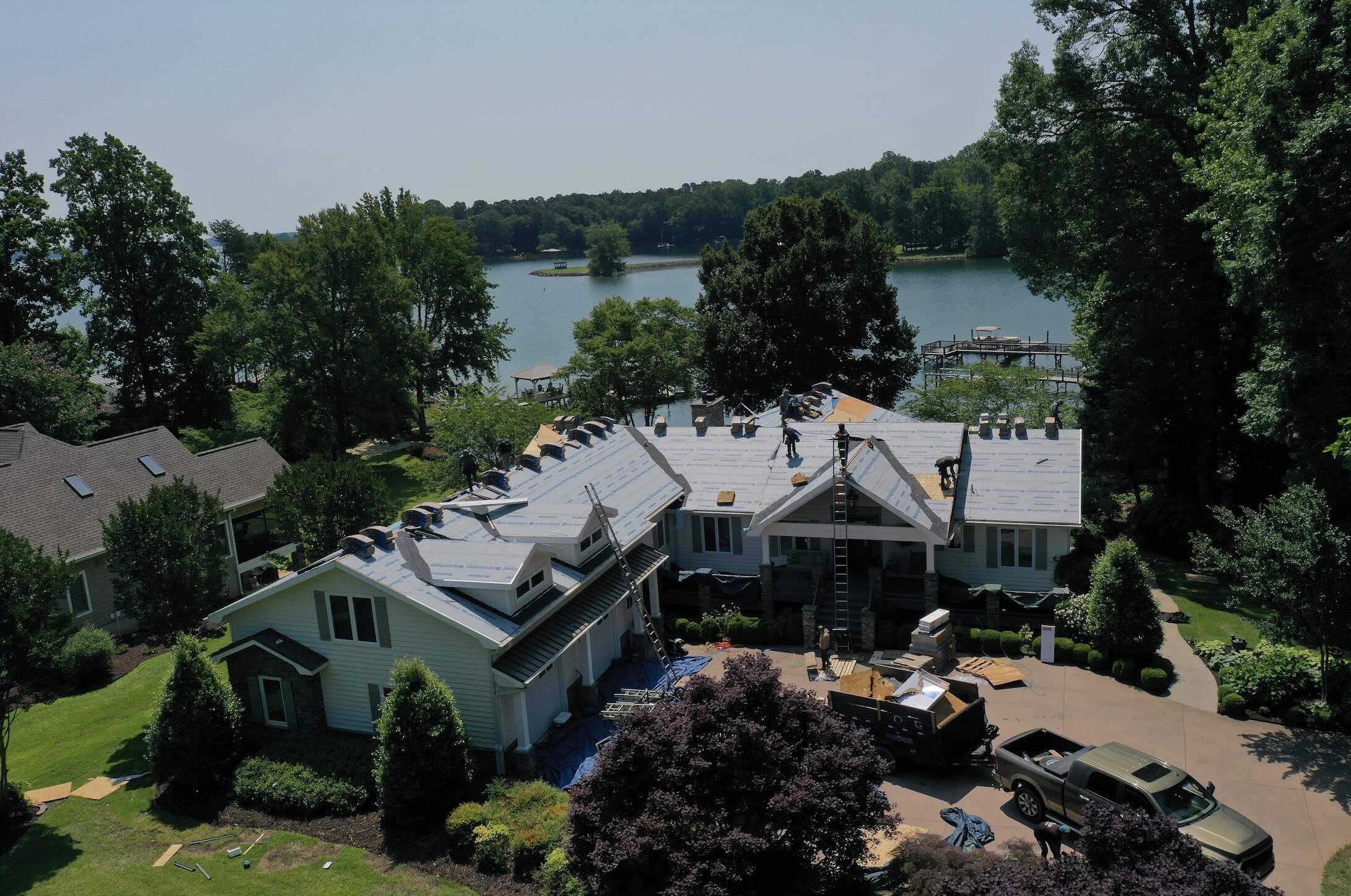 Lake Norman Roof Replacement on a White Lake House In Progress Front View